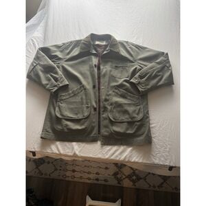 VTG LL Bean Barn Coat Mens Large Green Canvas Plaid Lined Chore Jacket Button